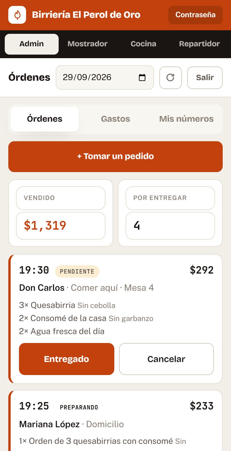 La pantalla de órdenes del dueño con lo vendido en el día
